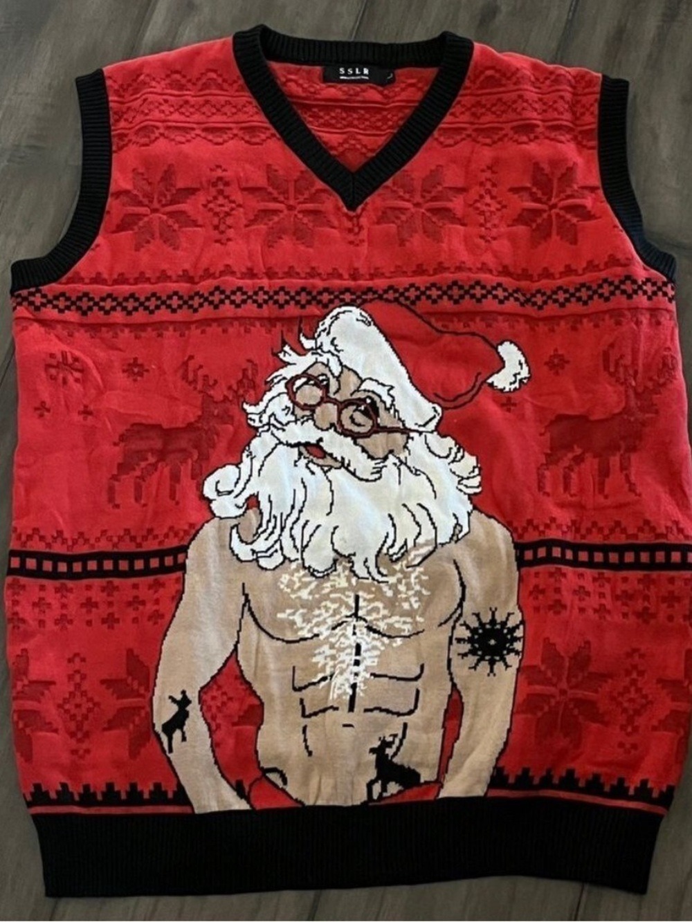 SSLR Buff and Tattooed Santa Christmas Sweater Vest - Size Large